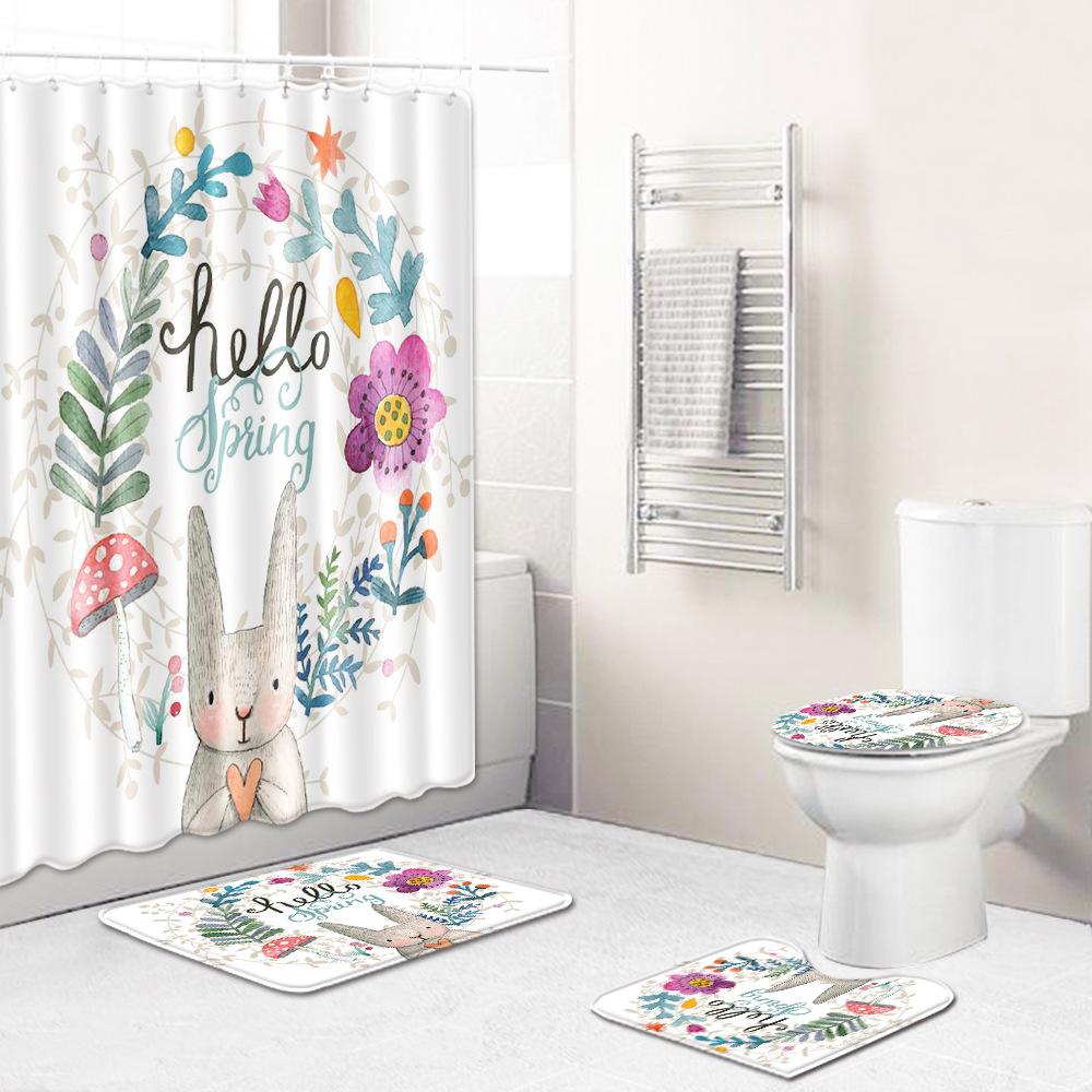 Painted Flowers Bathroom Shower Curtain Floor Mat Toilet Cover Foot Mat Four-Piece Pattern Size Fixed Zhi