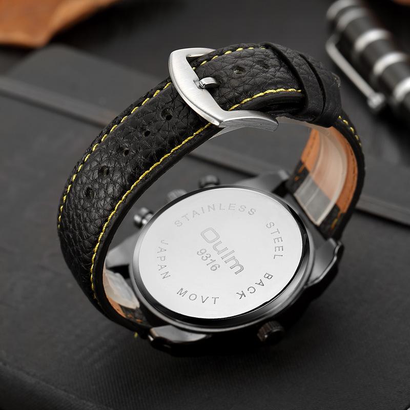 Oulm Мужские кварцевые часы с большим циферблатом, мужские часы из натуральной кожи с двумя часовыми поясами, новые