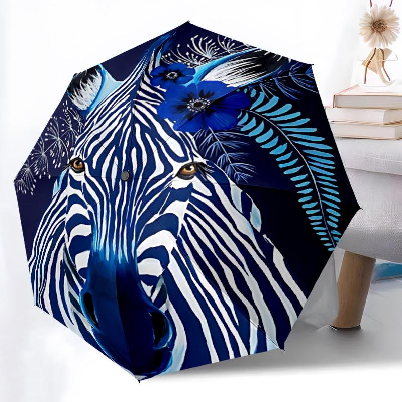 1pc Blue Zebra Floral Automatic Open/Close Umbrella 8-Rib Strong Frame, Portable Travel Umbrella for Women & Men, Birthday Gift Parties 014