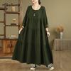 Large Size Spring Autumn Women Maxi Long Dress O Neck Green Baggy Denim Tiered Dress Layered Ruffles Vintage Ladies' Dresses