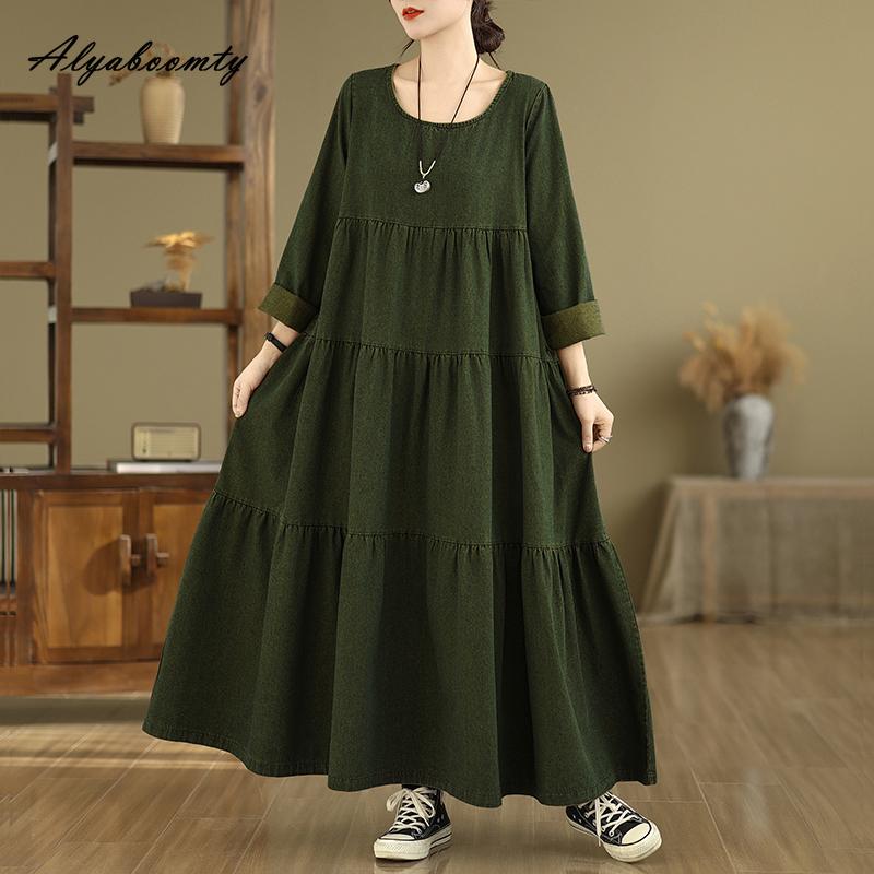 Large Size Spring Autumn Women Maxi Long Dress O Neck Green Baggy Denim Tiered Dress Layered Ruffles Vintage Ladies' Dresses