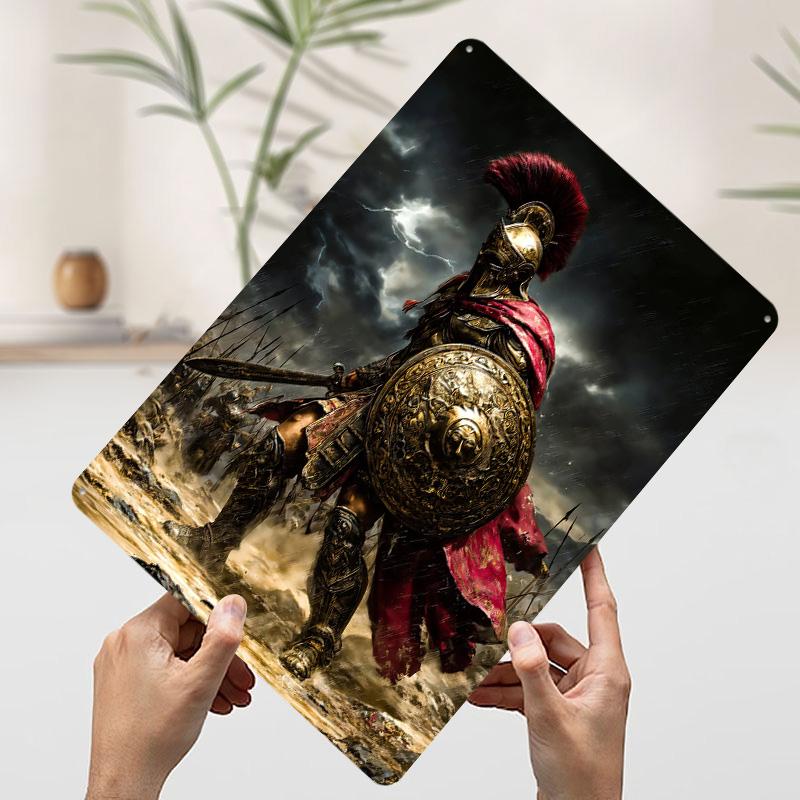 Spartan Warrior in Stormy Epic Battlefield Tinplate Poster Customized Wall Art Vintage Retro Metal Signs for Wand Deko Man Cave