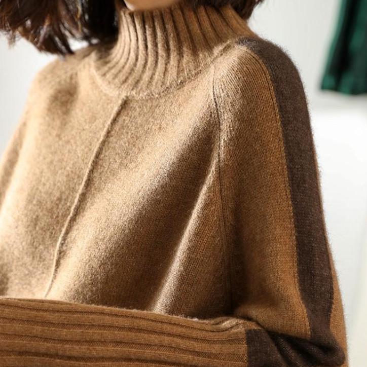 IHUASU Осенне-зимний джемпер с полувысоким воротом, женское трикотажное платье средней длины, свободная рубашка с толстым низом