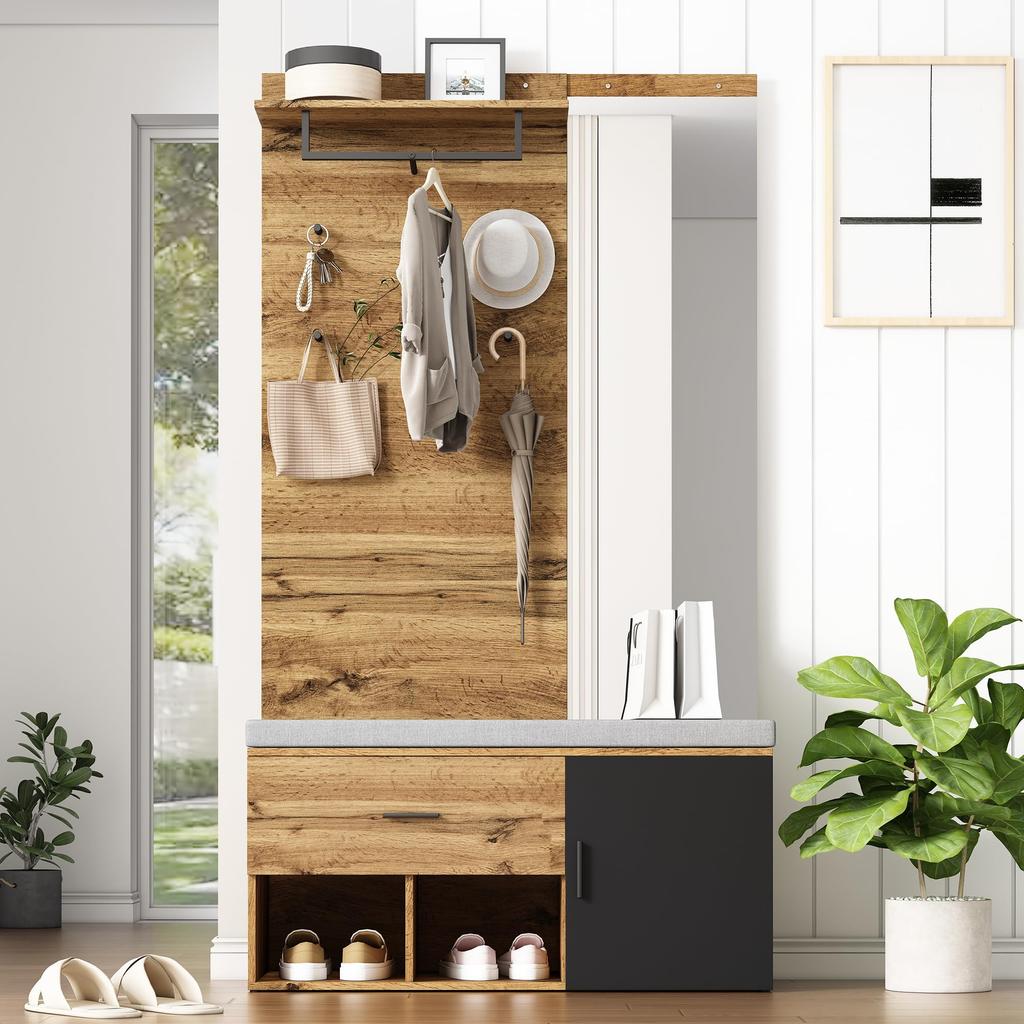 Garderoben-Set Flur, Kompaktgarderobe Modern: 4 Kleiderhaken, Schuhschrank, Schuhbank, offenes Fach, Eingangsschrank, Garderobenständer, Weiß