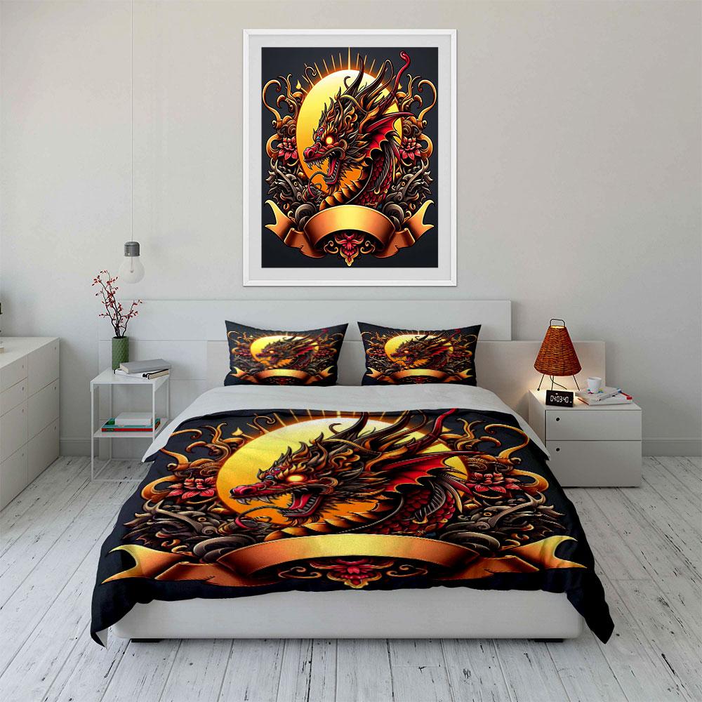 "Dragon Themed Decorative Set" Bedding Set with 1 Duvet Cover 2 Pillowcases Single Double King Queen, Gift