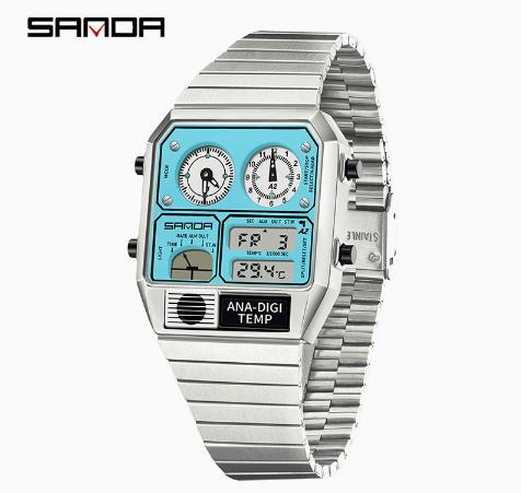 Мужские цифровые LED-часы SANDA 3192 Квадратный циферблат Двойной дисплей Многофункциональные Измерение температуры Спортивные мужские наручные часы Подарок