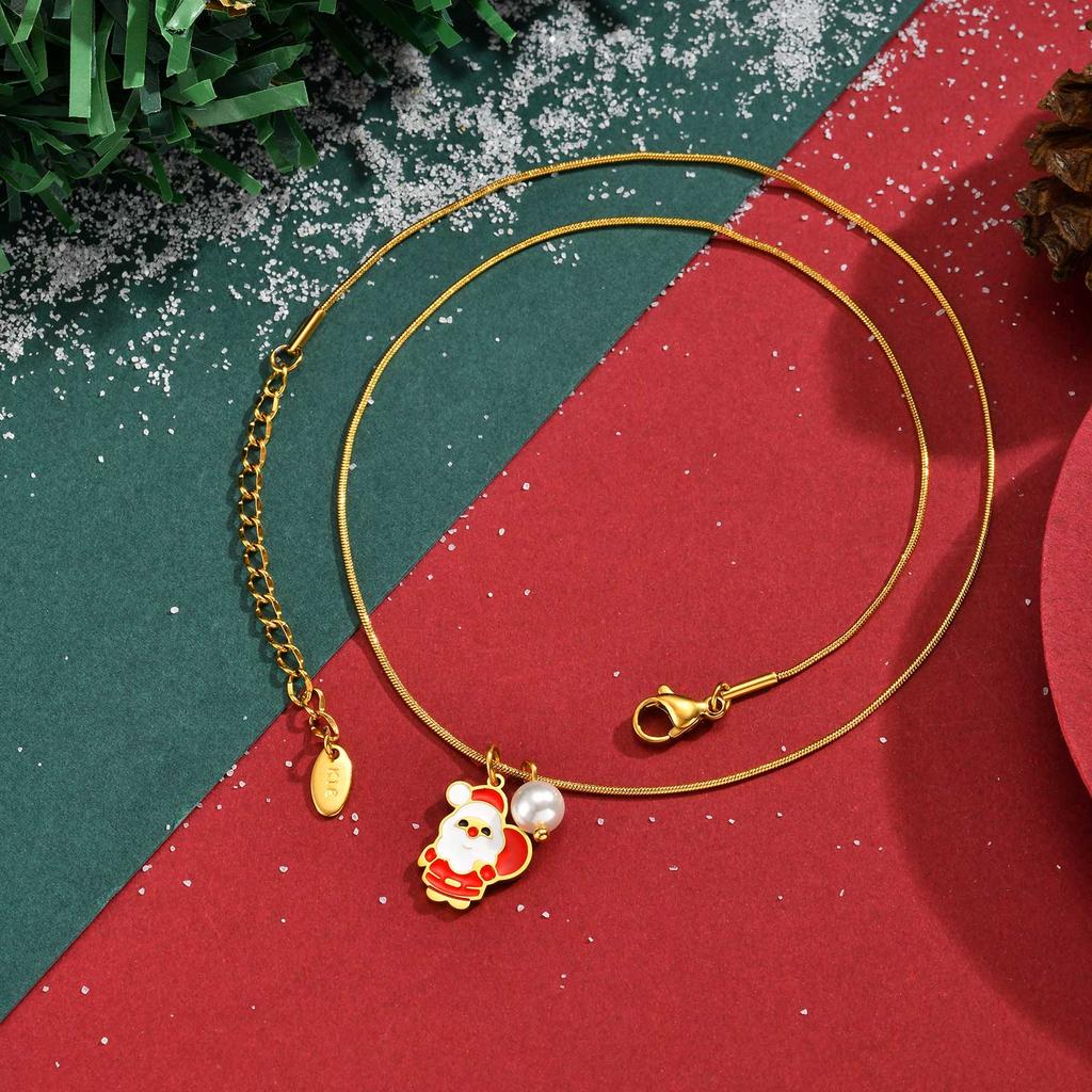New Christmas Series Jewelry Stainless Steel Christmas Wreath Tree Santa Claus Pendant Round Snake Chain Necklace for Women Girl