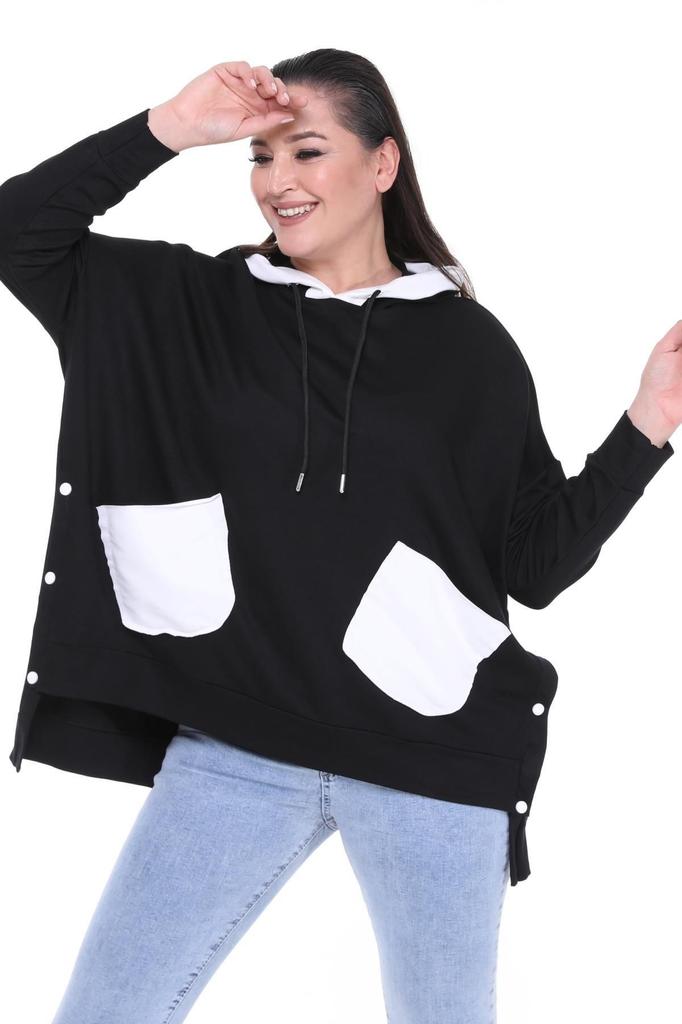 Women's Style Big Size Sweatshirt Large Size Extra Comfortable Fit Black Sweatshirt With Green Pocket Detail