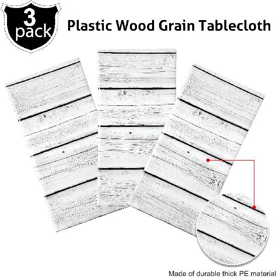 Tatuo 3 Pcs Wood Grain Tablecloth White Wood Tablecloth Plastic Rustic Table Cover Rectangle Table Cloth Western Themed Party Decorations for Picnic,