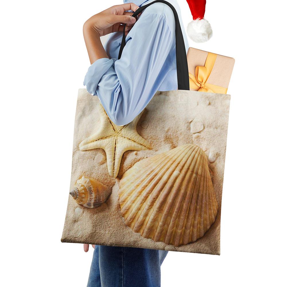 Женская сумка через плечо Голубой океан Морская звезда Пляжные следы Хозяйственная сумка Льняная ткань Красивая Повседневная Практичная Сумка KTY