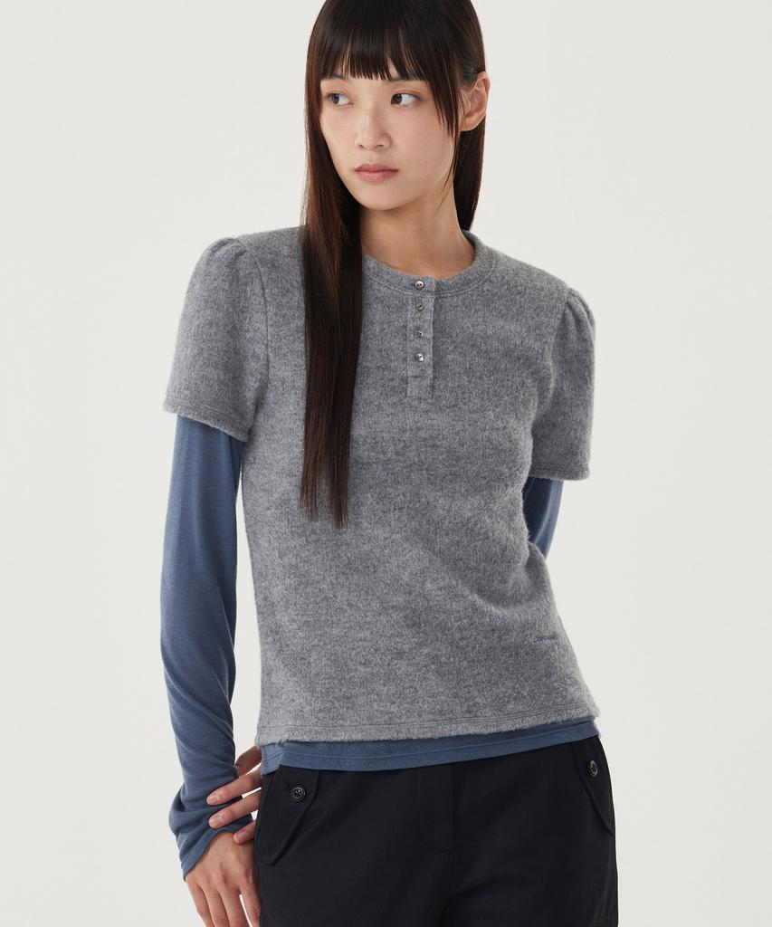 COVERNAT WOMAN Henley Neck Layered Long Sleeve Melange Gray