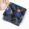 New Soft and Warm Cashmere Like Blue and Black Leaf Print Tassel Scarf  High End Women's Scarf