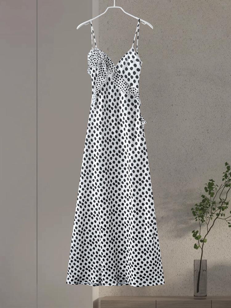 Длинное платье на бретельках с принтом в горошек, женское длинное платье с v-образным вырезом, без рукавов, с открытой спиной и 3D цветком, женское летнее праздничное женское платье