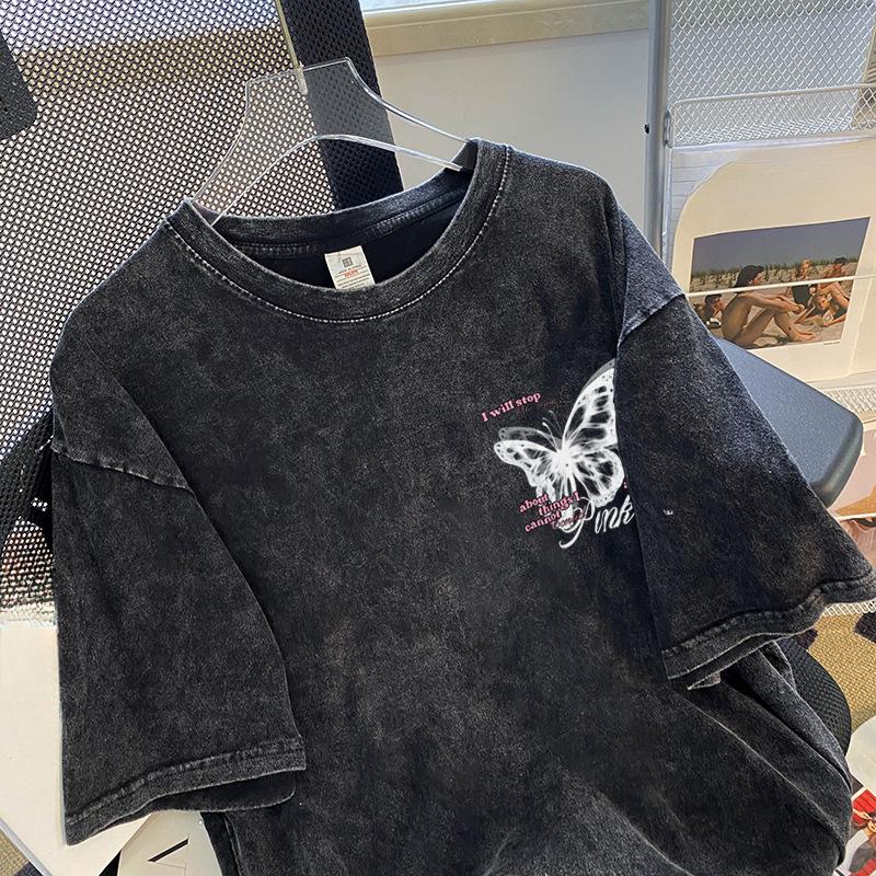 Летняя женская футболка с коротким рукавом и винтажным принтом «Бабочка» с эффектом потертости и состаривания