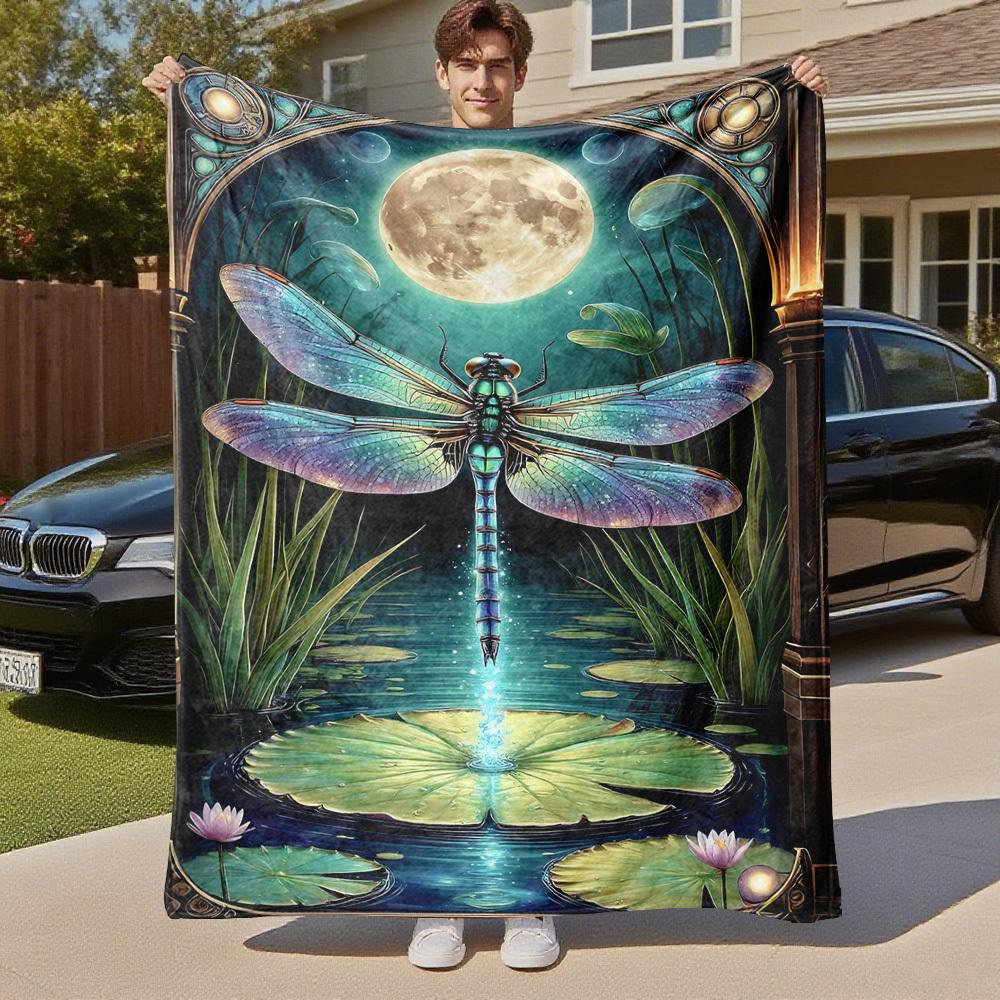 1PC Dragonfly MoonlightOutdoor Flannel Blanket - Soft Plush Decor for Picnics, camping, Bedroom, Playroom, Office, or Lunch Break 1221A