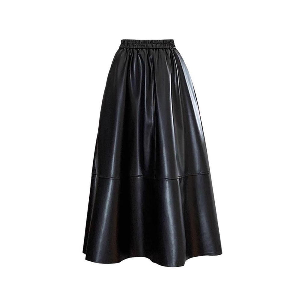 Women's Black PU Leather Midi Skirt with Elastic Waist - A-Line, Slimming, Full Circle Design for Autumn/Winter