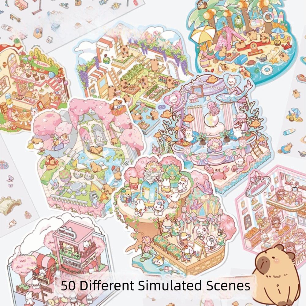 50 в 1 Наклейки для миниатюрных сцен и пейзажей DIY Мультяшные 3D наклейки для домов Коллекция сцен Визуальная сборка ПЭТ