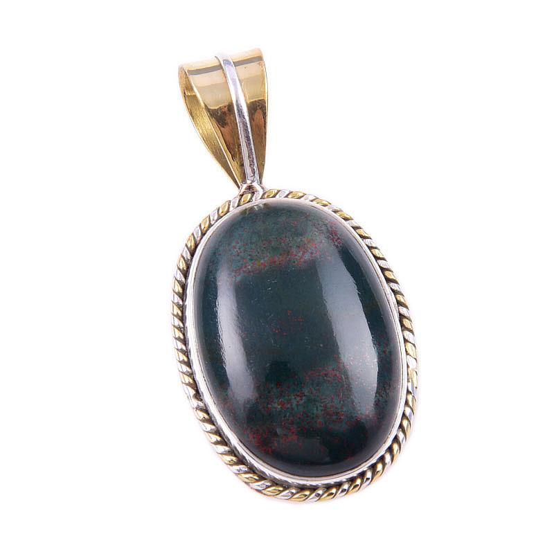 Natural Bloodstone Gemstone 925 Solid Sterling Silver TwoTone Pendant 1.50" G4k56