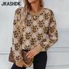 Women's Fashion Casual Fall Winter Flower Pattern Print Long Sleeve O-Neck Sweaters