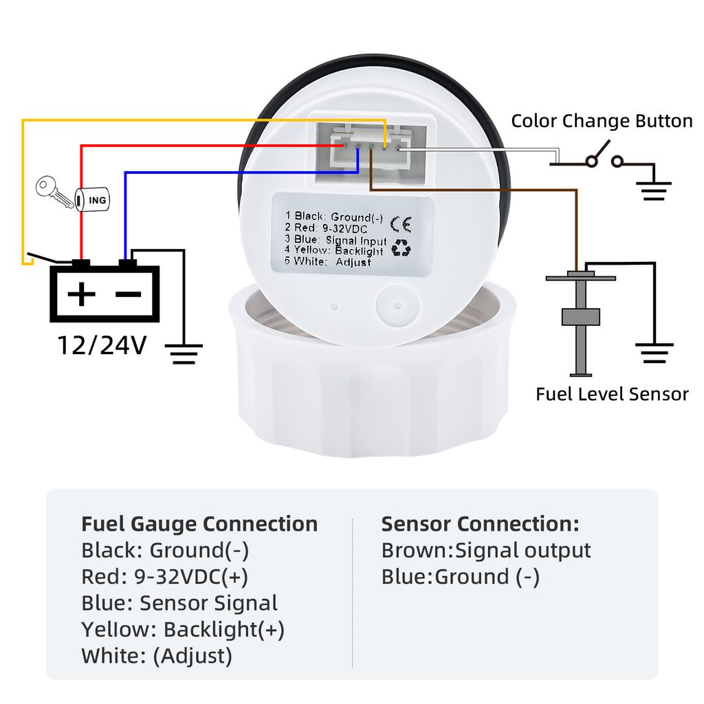 52mm Fuel Level Gauge 0-190ohm Fuel Meter With Alarm Function For Marine Boat Car Yacht 7 Color Backlight Oil Tank Indicator