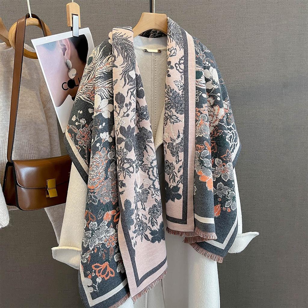 Autumn And Winter Phoenix Flower Jacquard Scarf Women'S Versatile Thickened Warm Scarf Shawl Dual-Purpose