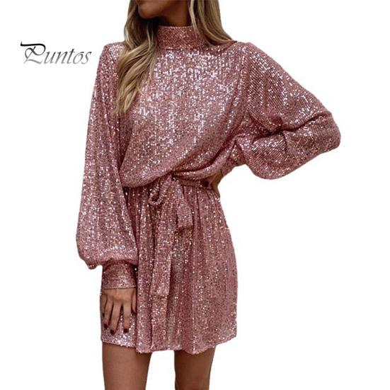 Женское платье со шнуровкой и блестками, короткое платье с круглым вырезом и длинными рукавами, однотонное весенне-осеннее платье с поясом на талии для вечеринок, свадеб, клубов, баров