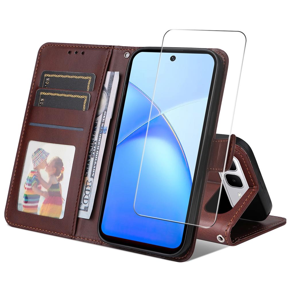 For Infinix Smart 10 Plus PU Leather Wallet Case Phone Stand Cover with Tempered Glass