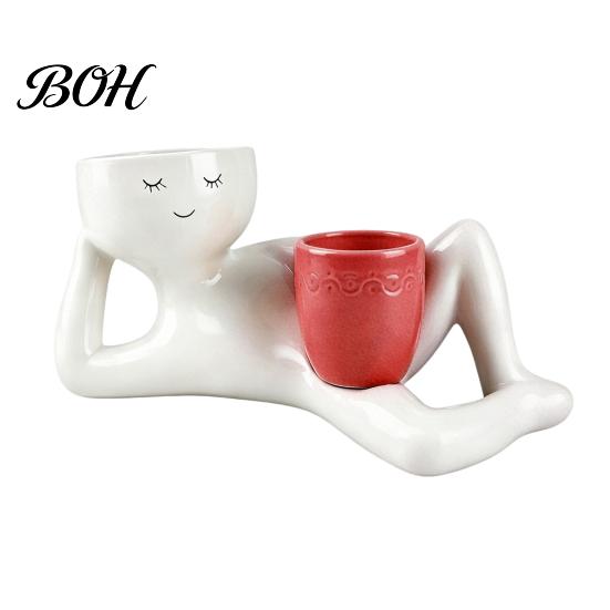 Artistic Flower Vessel Lazy Guy Planter, Little Character Flowerpot Ornament, Creative Lying Succulents Planter Humanoid Double Pot for Home
