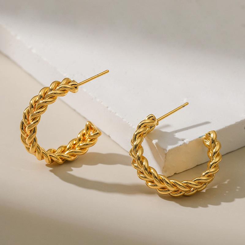 Twisted Braided C Shape Copper Plated 18k Gold Stud Earrings Fashion Jewelry For Women
