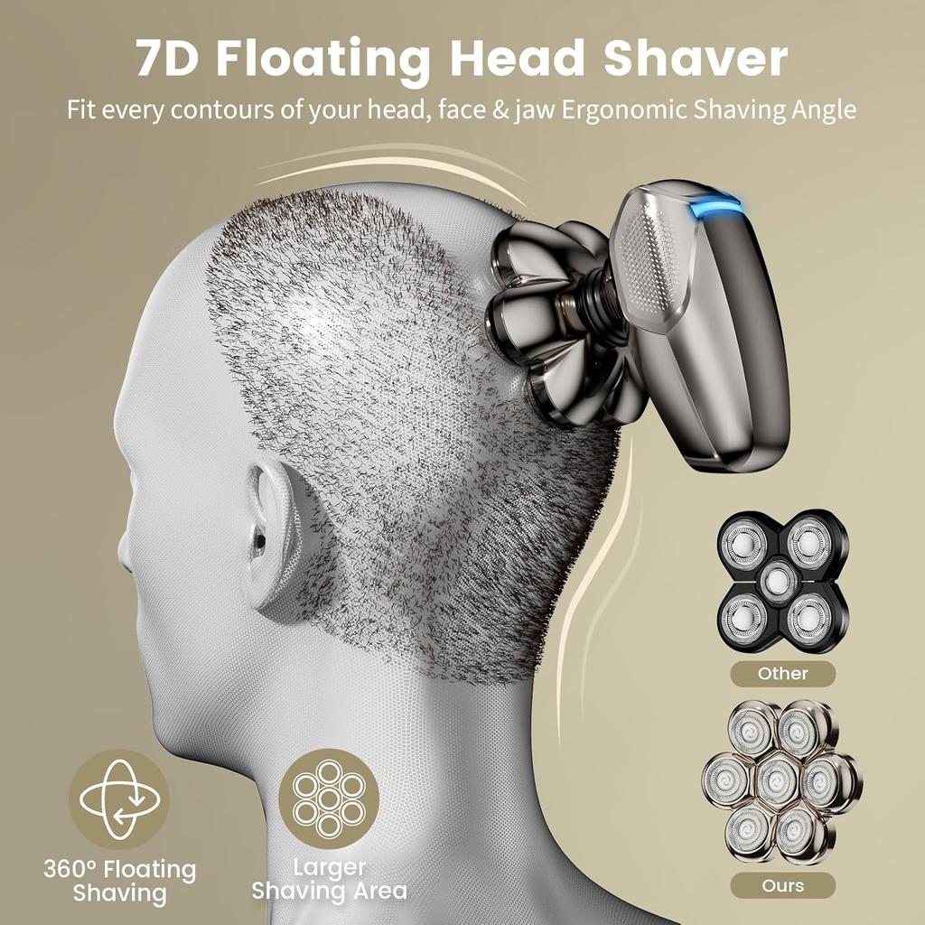 7D Head Shavers for Bald Men, Detachable Head Shaver LED Display Dry Wet Bald Razor, IPX7 Waterproof Electric Razor with Type-C Charge