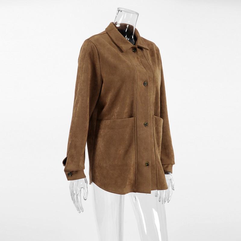 Womens Brown Suede Blazer Loose Fit Turn-down Collar Mid-length Coat Fall 2025