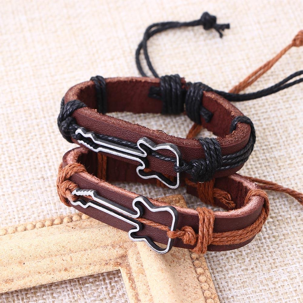 Hollow Adjustable Rope Men PU Leather Wristbands Antique Charm Jewelry Bangles Guitar Bracelets