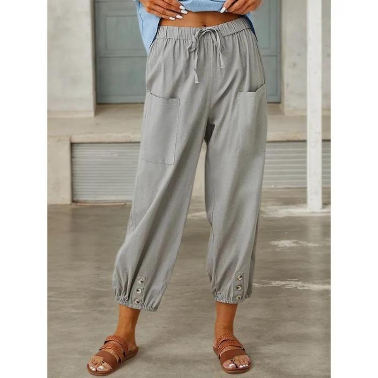 Осень Женские Хлопково-Льняные Эластичная Талия Высокая Посадка Широкие Штанины Свободные Прямые Брюки Однотонные Женские Брюки