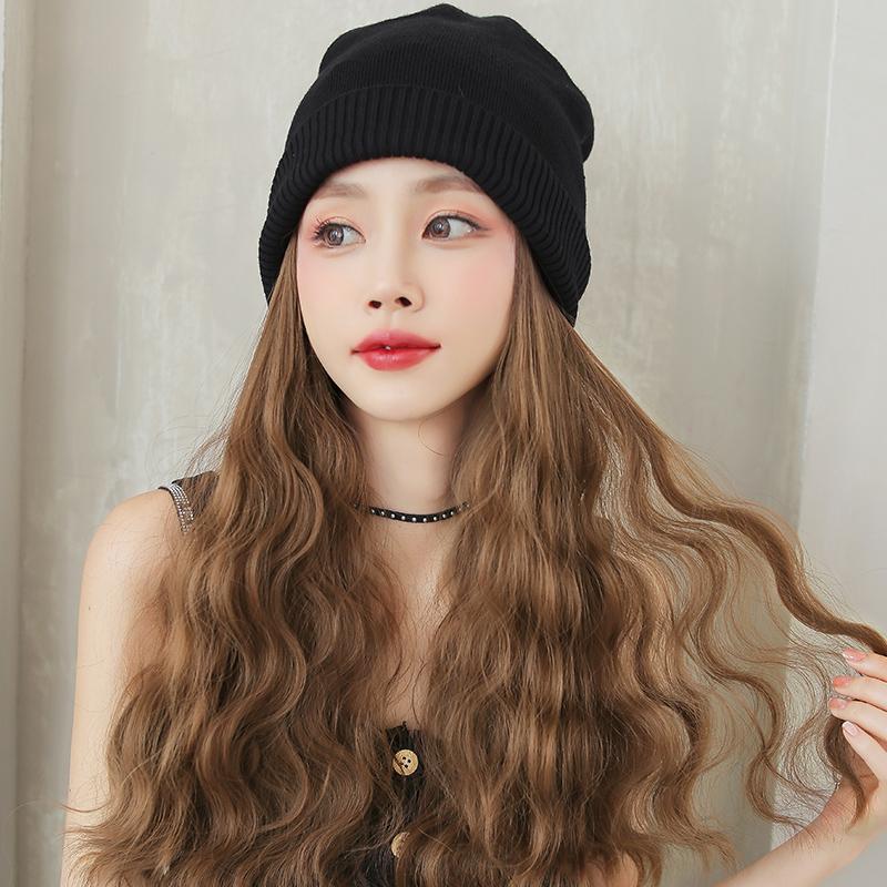 Beanie with Hair Attached for Women Slouchy Cable Hat Wig Knit Beanie Winter Hat with 20inch Removable Hair Extensions Wig