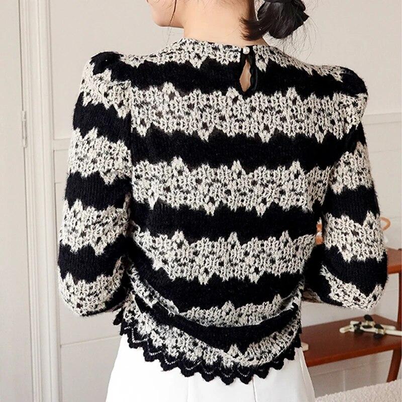 Модная вязаная крючком кружевная блузка для женщин, простые плиссированные топы с длинными рукавами, осень-зима, повседневная корейская полая рубашка 29562