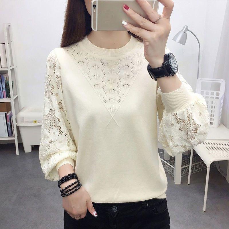 Pullover 2023 Spring and Autumn Underlay Sweater Women Lace Long Sleeve Spliced Round Neck Hollow Loose Sweater Pullover Top