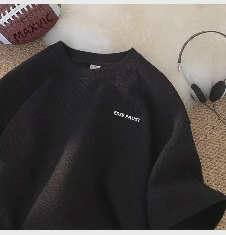 Мужская летняя вафельная футболка в японском стиле с коротким рукавом свободного покроя