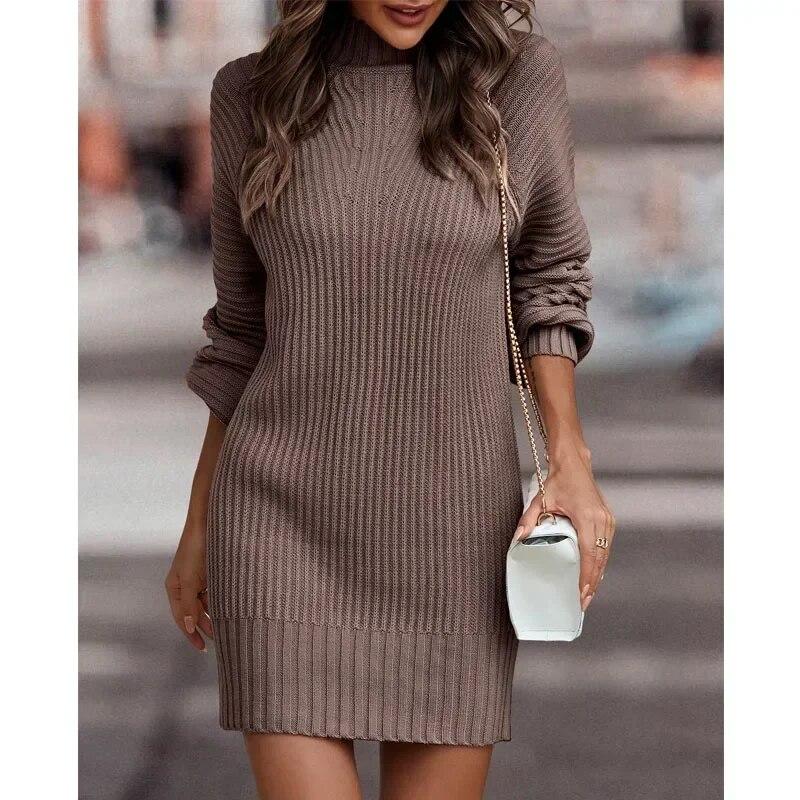 Casual Solid Turtleneck Sweater Dress Winter Knitted Long Sleeve Knitwear Dress Fashion Office-lady Clothing 29885