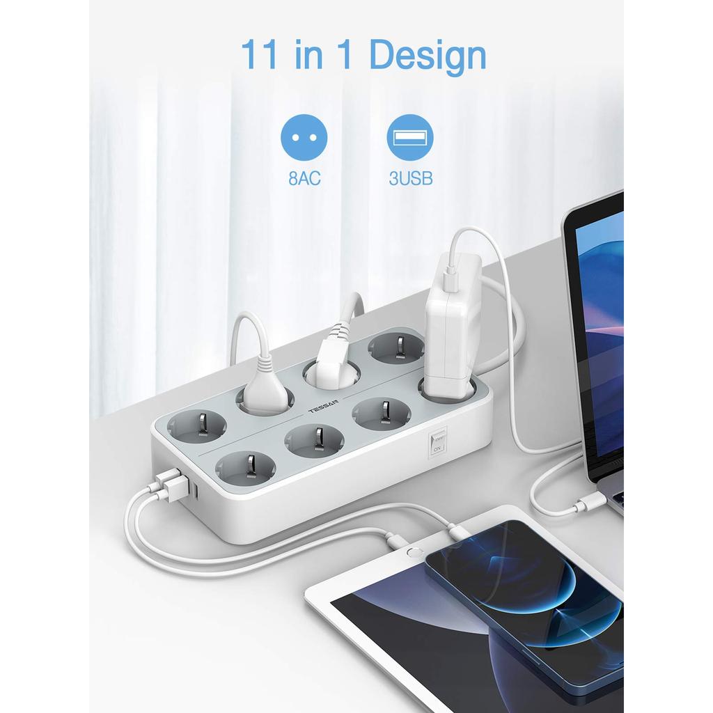 Tessan Удлинитель с несколькими розетками европейского стандарта и USB-портами, удлинительный кабель длиной 2 м, европейская многоконтактная электрическая розетка для дома