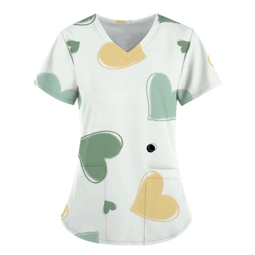Women Working Uniform Smile Heart Print Cartoon Cat Dog Short Sleeve V-neck Tops Femme Blouse Nurse Work Wear Medical Uniforms