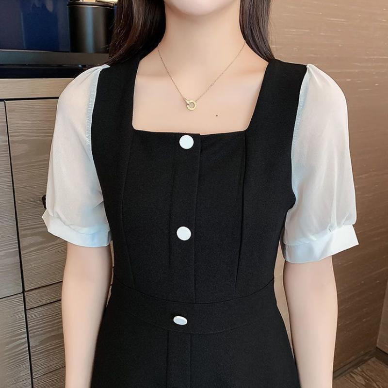 Черное платье в корейском стиле, женские винтажные платья миди с квадратным воротником и длинными рукавами Kpop, модные осенние халаты женские