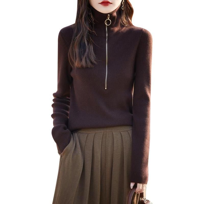 Spring New Worsted Wool Turtleneck Knitted Sweater Semi-zipper Solid Color Pit Strip Pullover Bottoming Shirt Top