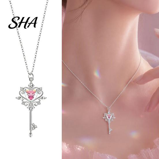 Silver Tone Magic Key Chain Pendant Necklace, Pink Cubic Zirconia Heart Trendy Girly Style Necklace Rhinestone Sweet Fairy Jewelry for Women