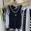 Women Summer Thin Curved Beads Knitted Vest Sleeveless Knit Camisole Tops Female O-Neck Outer Wear Inner Top Tank Rose