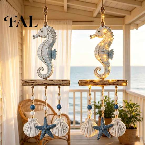 Decorative Wood Wall Sign Lighted Coastal Wooden Hanging Ornament, Nautical Fish Shell Starfish with Rustic Beach Cottage Ornament Warm LED