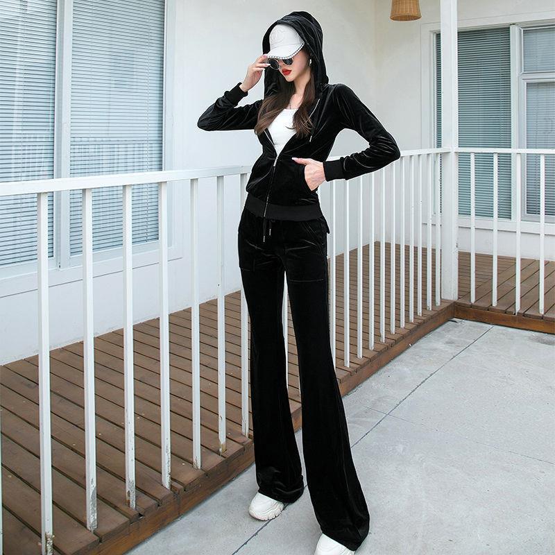 Women's Gold Velvet Hooded Sweatshirt and Straight Pants Two-Piece Sports Suit for Spring and Autumn