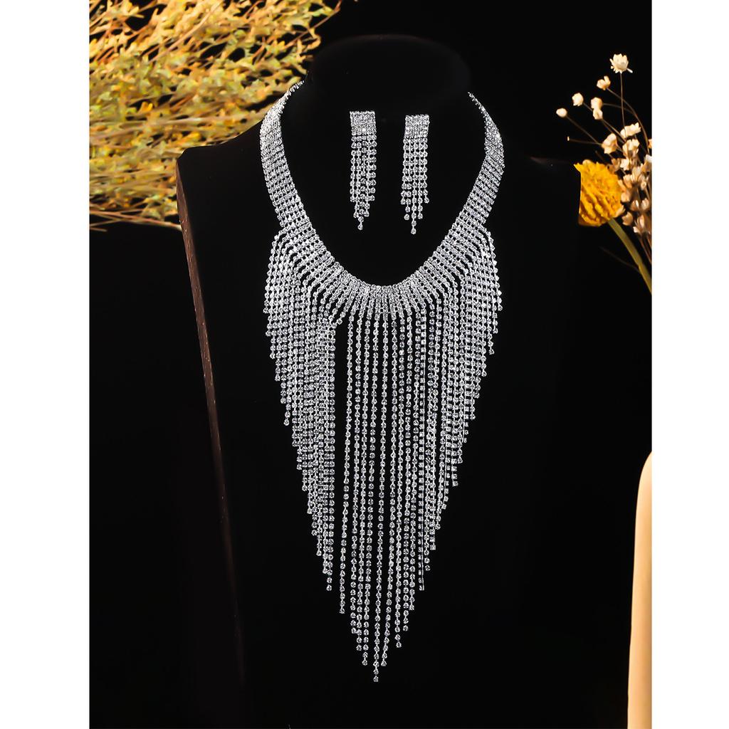 Rhinestone Long Fringed Necklace Earring Set Stylish Diamond-set Necklace Earrings Two-piece Set