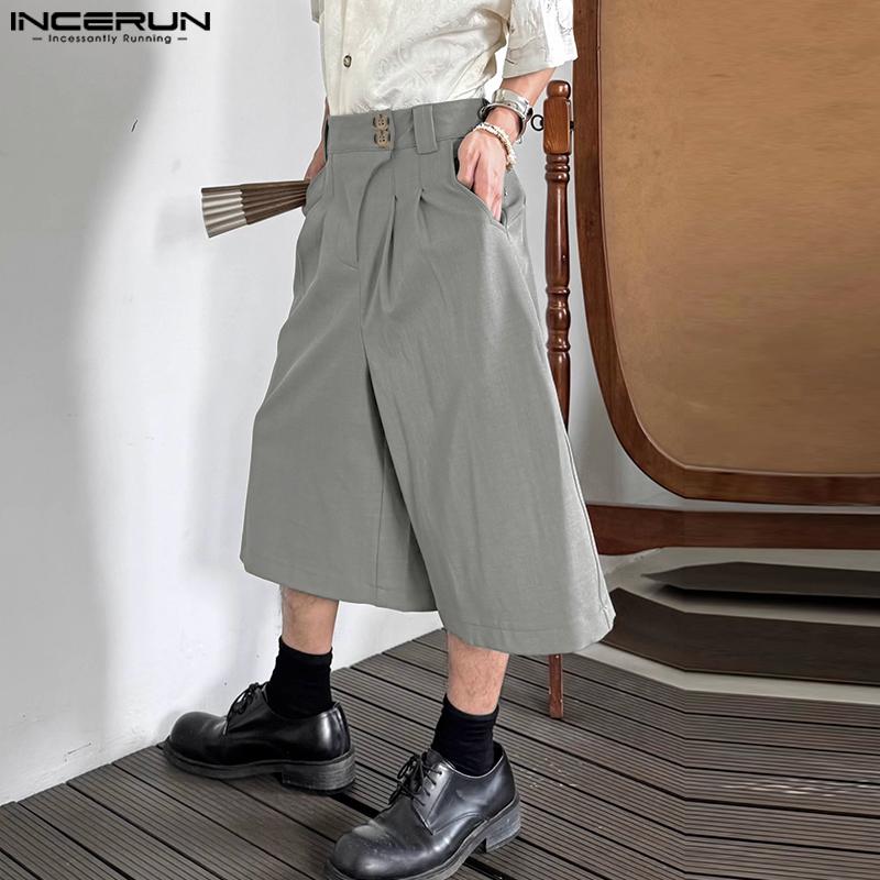 INCERUN Мужские брюки-капри с высокой талией и молнией, однотонные, повседневные, свободные, прямые