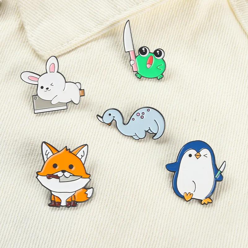 Funny Cartoon Fox Knife Art Brooches Enamel Metal Badges Animal Pins Backpack Hat Shirt Lapel Pin for Kids Women Bag Clothes DIY
