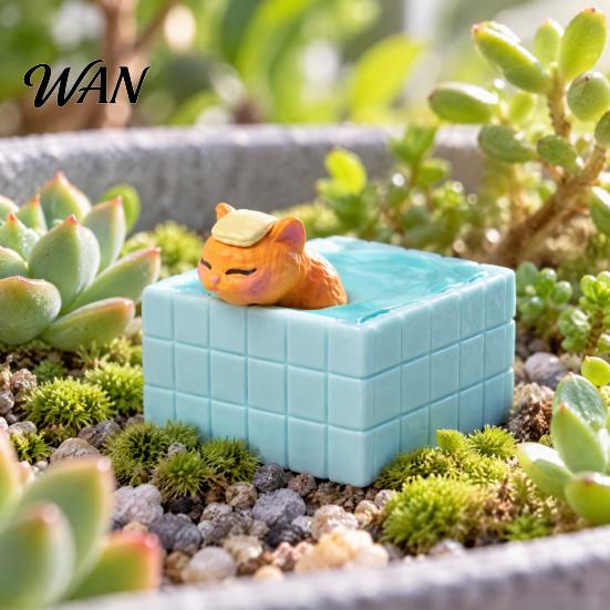 Unique Desktop Ornament for Cat Lovers Cute Bathing Figurine, Mini Kitten in Blue Bathtub Statue, Micro Landscape Small Sculpture Home Fairy